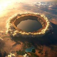 Astonishing Aerial View of a Crater Surrounded by Clouds photo