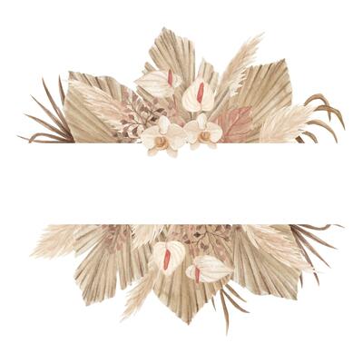 Watercolor bohemian banner with dried palm leaves, pampas grass, calla lily and orchids