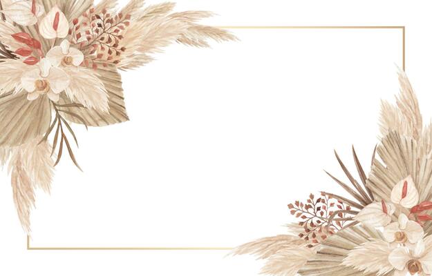 Bohemian floral background with pampas grass, palm leaves and orchid