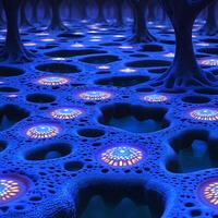 Abstract Blue Surface with Illuminated Patterns and Tree-Like Structures photo