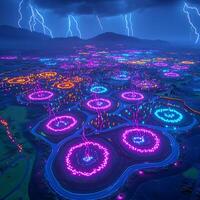 Illuminated Fields Under Lightning Storm with Vibrant Neon Patterns at Night photo
