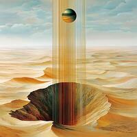Surreal Desert Landscape with Floating Sphere and Crater Formation photo