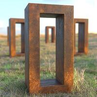 Rustic Metal Art Monoliths Array in Field at Sunset photo