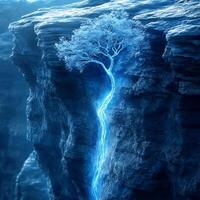 Illuminated Tree with Glowing Roots on a Rocky Cliff photo