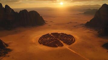 Sunlit Desert Labyrinth Surrounded by Rocky Cliffs and Vast Horizons photo