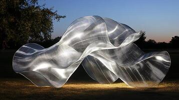 Abstract Sculpture with Flowing Form Illuminated in an Outdoor Evening Setting photo
