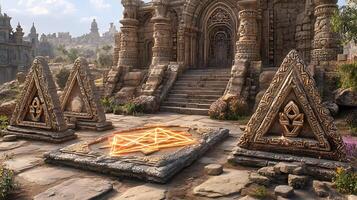 Ancient Stone Portal with Geometric Symbols in Mystical Garden Setting photo