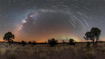 Scenic Night Sky with Milky Way, Aurora, and Meteor Shower Display photo