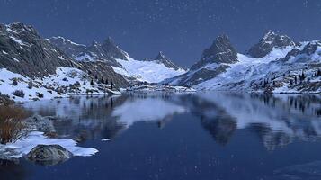 Starry Night Over Snow-Covered Mountains Reflecting on a Calm Lake photo