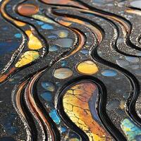 Abstract Art Display Featuring Metallic Flow and Vibrant Patterns photo