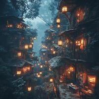 Magical Floating Village Illuminated by Warm Lanterns at Dusk in a Forest photo