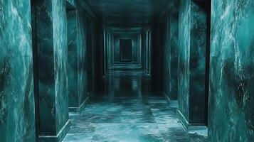 Dimly Lit Corridor with Reflective Green Marble Walls and Floor photo