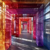 Vibrant Artistic Hallway of Colored Fabric Structures in Abstract Lighting photo