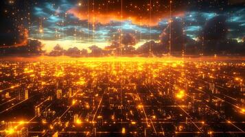 Futuristic Cityscape With Glowing Lights and Digital Grid Under Cloudy Sky photo