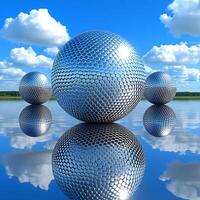 Reflective Metallic Spheres with Hexagonal Textures on a Calm Water Surface photo