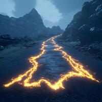 Lava Flow Illuminates Dark Mountain Path During Stormy Sky photo