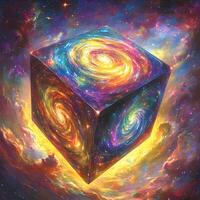 Vibrant Cosmic Cube With Colorful Swirling Galaxy Patterns in Space photo