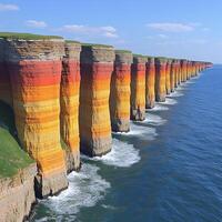 Majestic Multicolored Coastal Cliffs Overlooking Ocean Waves on a Bright Day photo