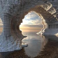Abstract Fractal Structure with Ocean and Sunset Scene photo