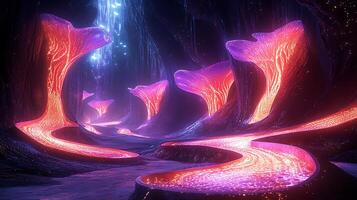Ethereal Bioluminescent Cave With Glowing Fungi and Flowing Luminous Streams photo