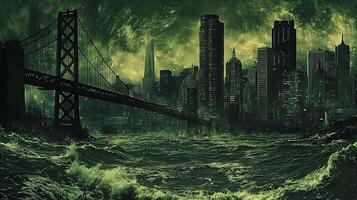 Apocalyptic Cityscape With Green Sky and Turbulent Waters photo