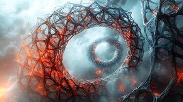 Abstract Fiery Circular Geometric Structures in Surreal Atmosphere photo