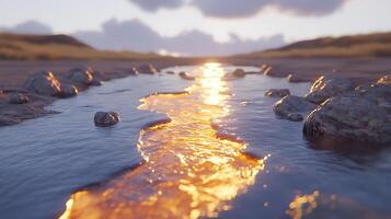 Golden Sunlit Stream Reflecting Light with Rocks Surrounding Its Path photo
