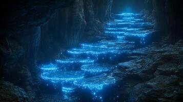 Mystical Underground Cave with a Glowing Pathway and Luminescent Water photo