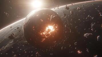 Massive Ancient Space Structure Among Floating Asteroid Debris Illuminated by Sunlight photo