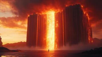 Dynamic Sci-Fi Landscape Featuring a Fiery Monolithic Gate at Sunset photo