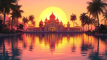 Sunset Reflection of a Majestic Palace Surrounded by Tropical Palms photo
