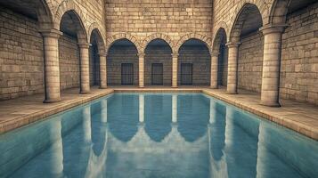 Ancient Stone Bathhouse with Arched Architecture and Reflective Pool Indoors photo