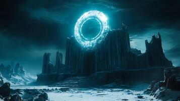 Mysterious Frozen Landscape Featuring an Ancient Arcane Structure Under a Glowing Sky photo