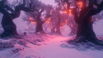 Enchanted Winter Forest With Glowing Trees in Mystical Atmosphere photo