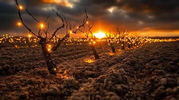 Enchanting Sunset Over Vineyard with Illuminated Bare Vines photo