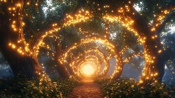 Magical Forest Path Illuminated by Enchanting Twinkling Lights at Twilight photo
