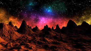 Abstract Landscape of Alien Planet With Colorful Skies and Rocky Terrain photo