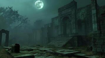 Serene Ruins Illuminated by Eerie Moonlight Under a Mystical Sky photo
