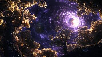 Magical Forest Scene with Cosmic Portal and Glowing Trees photo