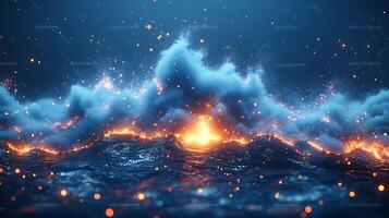 Luminous Fiery Waves in Majestic Oceanic Atmosphere With Sparkling Particles photo