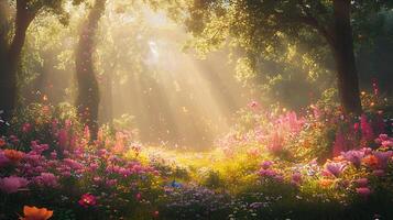 Enchanting Forest in Full Bloom Illuminated by Golden Rays of Sunlight photo