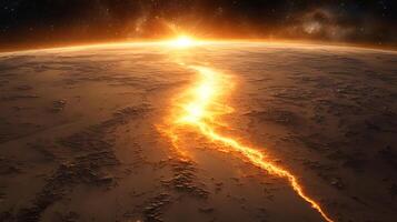 Spectacular View of Fiery Landscape With Glowing Horizon and Rising Sun photo