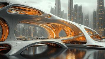 Futuristic Urban Bridge Structure With Illuminated Arches Spanning a Reflective River photo