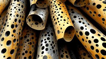Abstract Metallic Gold Tubes With Perforated Surfaces and Intricate Patterns photo