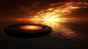 Glowing Circular Formation Amidst Serene Sunset Reflection Over a Calm Ocean photo