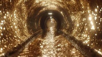 Shimmering Golden Tunnel with Flowing Liquid and Sparkling Reflections photo