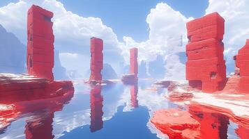 Towering Red Rock Structures Reflecting in Serene Waters Under Clear Skies photo