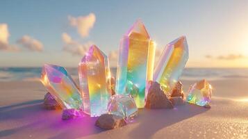 Rainbow Crystals Glowing at Sunset on a Serene Beach photo