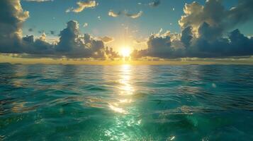 Serene Ocean View With Sunset Over Calm Reflective Water and Scenic Clouds photo
