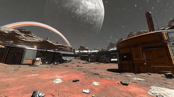 Futuristic Space Colony Under Planetary Sky with Natural Rock Formations photo